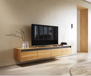 Designer-meuble-TV Stonegrace 200 cm Chêne Naturel Ardoise 4 tiroirs Suspendu