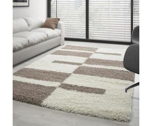 Designer Tapis Shaggy avec motif à carreaux moderne à poils longs et moelleux pour le salon, Couleur : Beige, Taille:280 x 370 cm