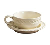 Deskium 2 pièces Tasse à café en céramique vintage embossée avec soucoupe, 300 ml, tasse beige style français pour latte, cappuccino, espresso, motif pétale unique, idée cadeau tasse à thé florale