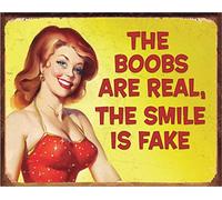Desperate Enterprises The Boobs are Real The Smile is Fake Plaque murale en métal vintage - Fabriquée aux États-Unis