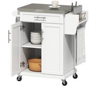 HOMCOM Dessert Cuisine desserte à roulettes îlot Central Cuisine avec Plateau en Acier INOX, étagère réglable, tiroir, Porte-épices, Porte-Couteaux, 83,5 x 45,7 x 90,5 cm, Blanc