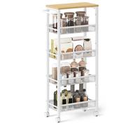 Desserte 5 Niveaux, avec Roulettes, Cadre en Acier, Poignée, Petit Espace, Salle de Bain, Salon, Bureau, Beige Chêne et Blanc