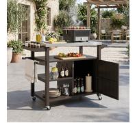 Desserte barbecue avec plan de travail inox, armoire et 3 étagères, chariot de cuisine mobile pour extérieur