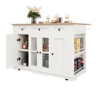 Desserte Bîlot de Cuisine à Roulettes Plateau Pliable avec Grand Placard,3 Tiroirs,Porte-Serviettes-151.5 x 60 x 91.7 cm,blanc