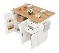 Desserte Bîlot de Cuisine à Roulettes Plateau Pliable avec Grand Placard,Tiroirs,Porte-Serviettes-120 x 70 x 92cm,Blanc