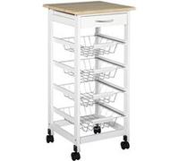 Desserte chariot de cuisine sur roulettes - 4 paniers coulissants, tiroir, plateau - bois blanc MDF bois clair Blanc G