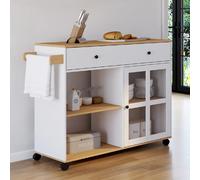 IDMARKET Desserte de cuisine ACHILLE XXL avec étagère et placard vitré bois et blanc L.100 CM