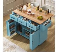 Desserte de Cuisine - 139x46(71)x91 5 cm - Îlot Bleu avec Plan de Travail Rabattable et Rangement Type Réfrigérateur - Bleu et Bois