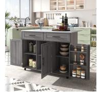 Desserte de cuisine à roulettes 129x46-71x91cm Îlot central Chariot de cuisine avec plan de travail extensible 2 gris et blanc