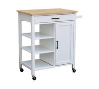 Desserte de cuisine blanche BENDOR plateau en bois d'hévéa. 83 x 47 x 91 cm. 1 poignée. 4 roues. 1 tiroir. 5 étagères. 1 porte.