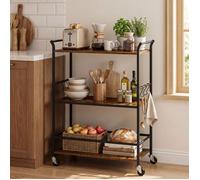 Desserte De Cuisine, Chariot de Service 3 Niveaux avec Porte-Verres, 64,5 x 32 x 85,5 cm, Marron et Noir