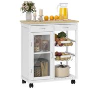 Desserte de cuisine - HOMCOM - sur roulettes - plateau en bambou, porte vitrée, 2 paniers et 2 tiroirs - MDF - 67x35x80cm - blanc