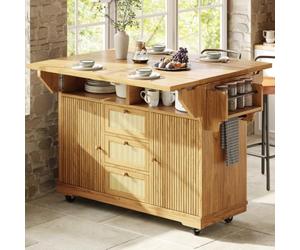 Desserte de Cuisine,îlot de cuisine,Chariot de service pliable,chariot de cuisine 95 cm à hauteur ergonomique,tiroirs en rotin POLY,chariot mobile pour cuisine,balcon et camping (Bois naturel)
