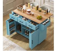 Desserte de Cuisine LINHOO 139x46(71)x91.5 cm Bleu Plateau Bois Massif Pliant à Roulettes