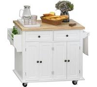 HOMCOM Dessert ilôt de cuisine multi rangements 2 tiroirs 2 placard 2 portes avec étagère range-bouteille porte-torchons MDF blanc hévéa