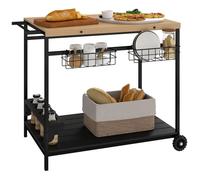 Desserte de jardin chariot pour plancha barbecue en bois et métal avec poignée 2 plateaux 2 paniers et porte-bouteilles