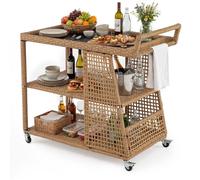 Desserte de Jardin en Rotin Cannage PE COSTWAY, Chariot de Bar Extérieur avec Plateau Large, 4 Roulettes, Poignée, 98 x 54 x 92 cm