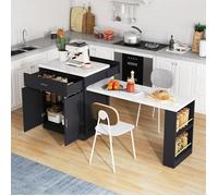 Desserte îlot de Cuisine ave Table à Manger Extensible et USB Table de Cuisine avec Rangement et 2 Tiroirs Meuble Cuisine Mobile