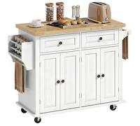 HOMCOM Dessert ilôt de cuisine multi rangements 2 tiroirs 2 placard 2 portes avec étagère range-bouteille porte-torchons MDF blanc hévéa