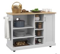Desserte îlot de cuisine - HOMCOM - roulettes 7 compartiments ouverts 1 placard rangement - bois - 129x51x93cm - blanc