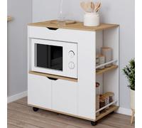 IDMARKET Desserte micro-onde de cuisine COSI placard avec tiroir et étagères à épices bois blanc et plateaux façon hêtre L.76 cm