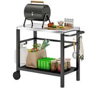 Outsunny Desserte plancha extérieure avec Plan de Travail en Acier Inoxydable, Chariot de Barbecue avec étagère, desserte de Jardin avec Crochets, Porte-Serviettes, 2 Roues, 102x50x81cm, Gris Charbon