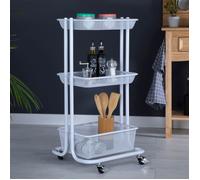 Desserte sur roulettes VALIENTE avec 3 bacs de rangement, chariot avec paniers pour cuisine, bureau ou chambre d'enfant, métal blanc