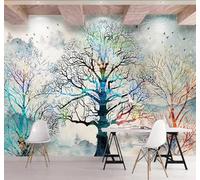 Dessin À La Main Aquarelle Forêt Oiseaux En Vol Paysage Papier Peint 3D Installation Facile Intissé Tapisserie Bureau Salon Canapé Chambre Décoration Murale-150cm×105cm