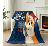 Dessin Animé Animal Douce et Chaude Flanelle Couverture, Corgi Bonnet Branche De Pin Confortable Réversible Plaid Polaire, Jaune Bleu Légère Toutes Les Saisons Couverture Jeté de Canapé, 180 x 200 cm