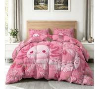 Dessin Animé Mignon Animaux Axolotl Fraises Imprimée 3 pièces Couette 155 x 220 cm - 300GSM Microfibre Douce Couette Réversible avec 2 Taie d'oreiller 65x65 cm - Matelassée pour Les 4 Saisons, Rose