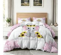 Dessin Animé Mignon Couette Matelassée 135 x 200 cm Animaux Éléphants Fleurs Imprimée Couettes 4 Saisons, Blanc-Rose Couette sans Housse 2 Personnes en Microfibre, Couettes Réversible Douce Lavable