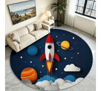 Dessin Animé Mignon Tapis Rond pour Salon Chambre à Coucher et Cheminée Salle à Manger - Espace Fusée Planète Galaxie Extérieur - Tapis de Sol poils courts doux Lavable et Antidérapant - Bleu 80 cm