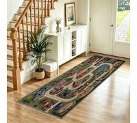 Dessin Animé Tapis de Couloir Lavable en Machine, Ville Route Forêt Tapis Poil Ras, Vert Brunâtre Moquette Antidérapant Doux pour Entrée Cuisine Chambre Salon, 80x200 cm