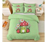 Dessin Main Microfibre Parure de Lit, Vert Rouge Grenouille Champignon Marguerite Fraise Réversibles Housse de Couette 3 Pièces 140 x 200 cm avec Taies d'oreiller, pour Enfants Filles Garçon