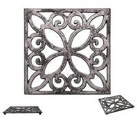 Dessous de Plat en Fonte décoratif pour Table de Cuisine ou de Salle à Manger |Carre avec Motif Vintage - avec Chevilles en Caoutchouc/Pieds - Métal recyclé - Vintage, Design Rustique- Argente Noir