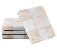 Dessous de Verre Marbre Lot de 4, Travertin & Blanc Mat, Carré 10 cm | Sous-verres carrés en pierre naturelle fait main, damier travertin, base feutre antidérapante, déco salon et bureau tendance