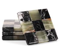 Dessous de Verre Marbre Lot de 4, Zèbre Noir & Vert, Carré 10 cm | Sous-verres carrés en marbre naturel fait main, motif damier zèbre, base feutre antidérapante, déco élégante salon et bar