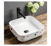 Dessus de comptoir 15,1 pouces X, évier carré vaisselle moderne au-dessus du comptoir Blanc Bol de lavabo de salle de bain Céramique avec robinet noir et drain pop-up (pas de trou de trop-plein