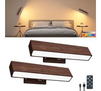 DetarZinLED Bois Applique Murale Sans Fil Rechargeable Noyer Noir Lot de 2 | Télécommande ou Tactile, 360° Rotative, Magnétique, 3 Temps & RGB, Lampe Intensité Variable pour Chevet, Chambre, Salon
