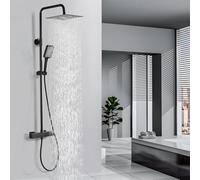 DETBOM Colonne de Douche Thermostatique Noir Ensemble, Anti-Calcaire, Carré | Acier Inoxydable Ensemble de Douche, Colonne Douche avec Pomme Douche 25 cm, Hauteur Réglable, Complet Salle de Bain
