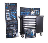 DeTec. 1077 Heavy Duty Chariot d'atelier 7/7 tiroirs remplis d'outils avec insert en carbone bleu (chariot à outils avec roulettes | Équipé d'outils | Format XXL