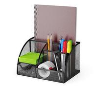 Detectalia Organisateur de Bureau et Porte-crayons avec Tiroir en Maille Métallique et 6 Compartiments, Noir - Organisateur Multifonction pour Stylos, Notes et Agrafeuses, pour Bureau et Maison