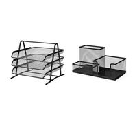Detectalia Plateau Organisateur de Bureau et de Documents 3 Niveaux Noir. Dossier A4 & Organisateur de Bureau et Porte-stylos en Maille métallique Noire - Accessoires de Bureau