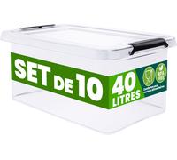 DEUBA® 10x Boîte de rangement 40L en plastique transparent empilable sans BPA gain de place caisse de rangement organiseur