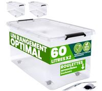 DEUBA® 2x Boîte de rangement 60L en plastique transparent empilable sans BPA gain de place caisse de rangement roulettes