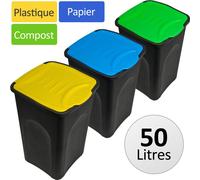DEUBA® 3x Poubelle tri sélectif 50L couvercle basculant corbeille papier sans odeur poubelle cuisine salle de bain poubelle collecteur déchets