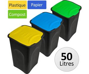 DEUBA® 3x Poubelle tri sélectif 50L couvercle basculant corbeille papier sans odeur poubelle cuisine salle de bain poubelle collecteur déchets