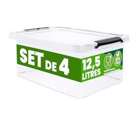 Deuba® 4x Boîte de rangement 12,5L en plastique transparent empilable sans BPA gain de place caisse de rangement organiseur