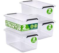 DEUBA 4x Boîte de rangement 2L en plastique transparent empilable sans BPA gain de place caisse de rangement organiseur