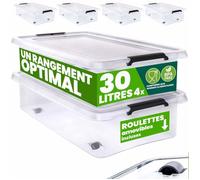 DEUBA® 4x Boîte de rangement 30L en plastique transparent empilable sans BPA gain de place caisse de rangement roulettes